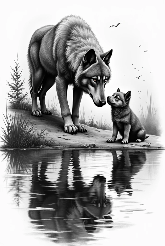 Generate a black and white tattoo illustration where a wolf is approaching a lake to drink water and looks at his reflection of himself but as a puppy