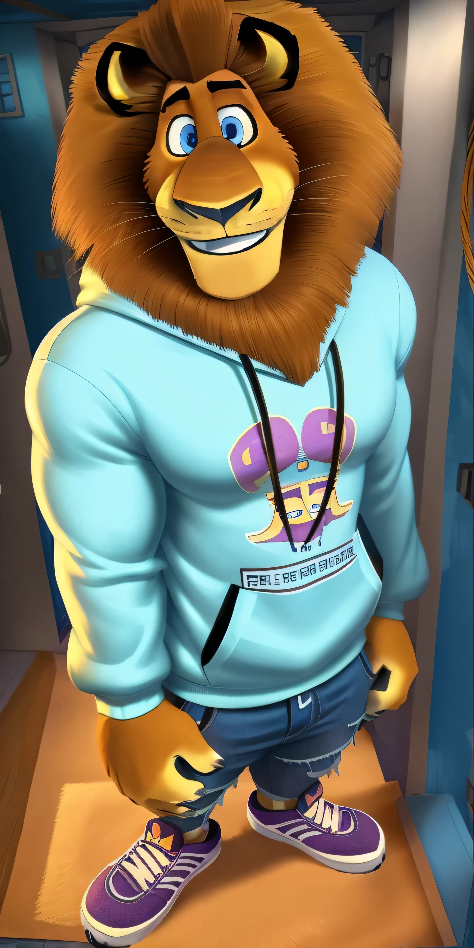 Alex the Lion, muscular body, big biceps, extremely beautiful and cute face, perfectly detailed blue eyes with perfectly detailed pupils, wears cyan sweatshirt with print, denim cargo shorts, purple sneakers, rises on a cable funicular, selfie, gentle look, cute smile