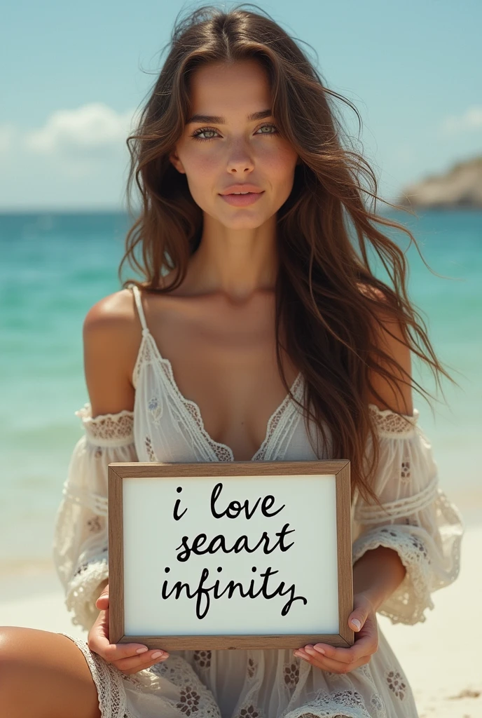 Beautiful girl with wavy long hair, bohemian dress, holding a white board with text "I Love Seaart Infinity" and showing it to the viewer