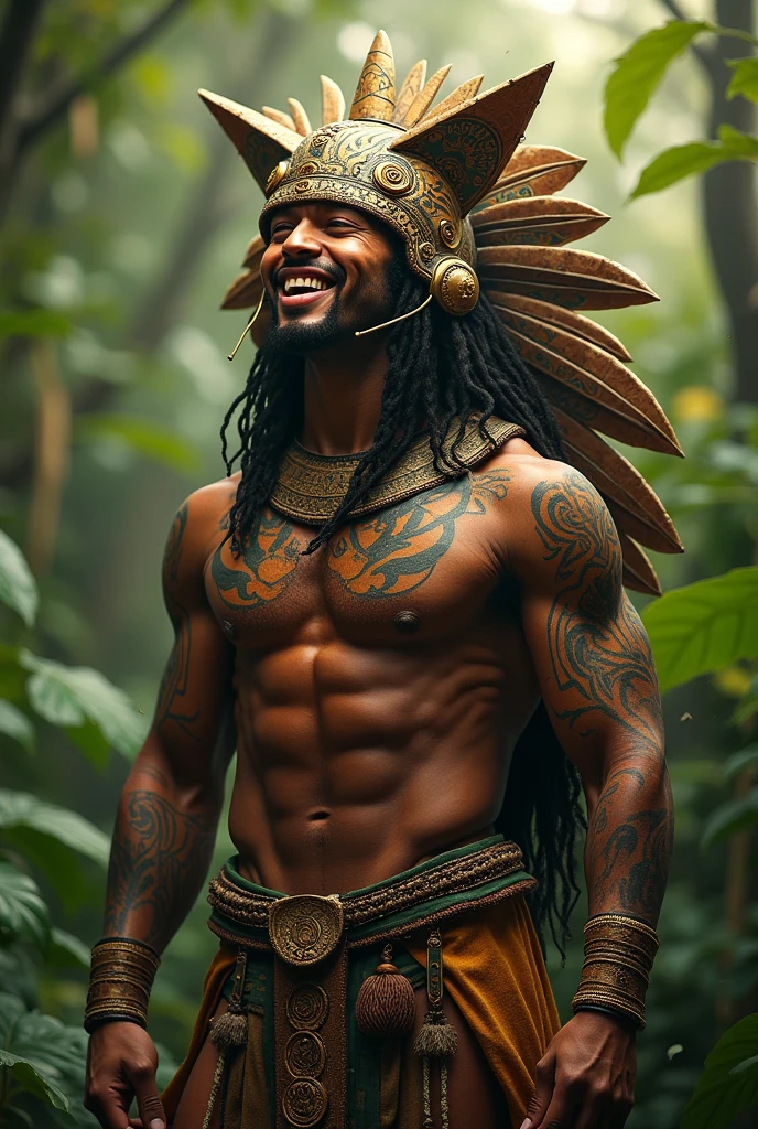 Aztec god with juaguar helmet, having fun with dark skin and handsome without a beard and without a shirt. God of agriculture and vegetation. Very handsome with tattoos