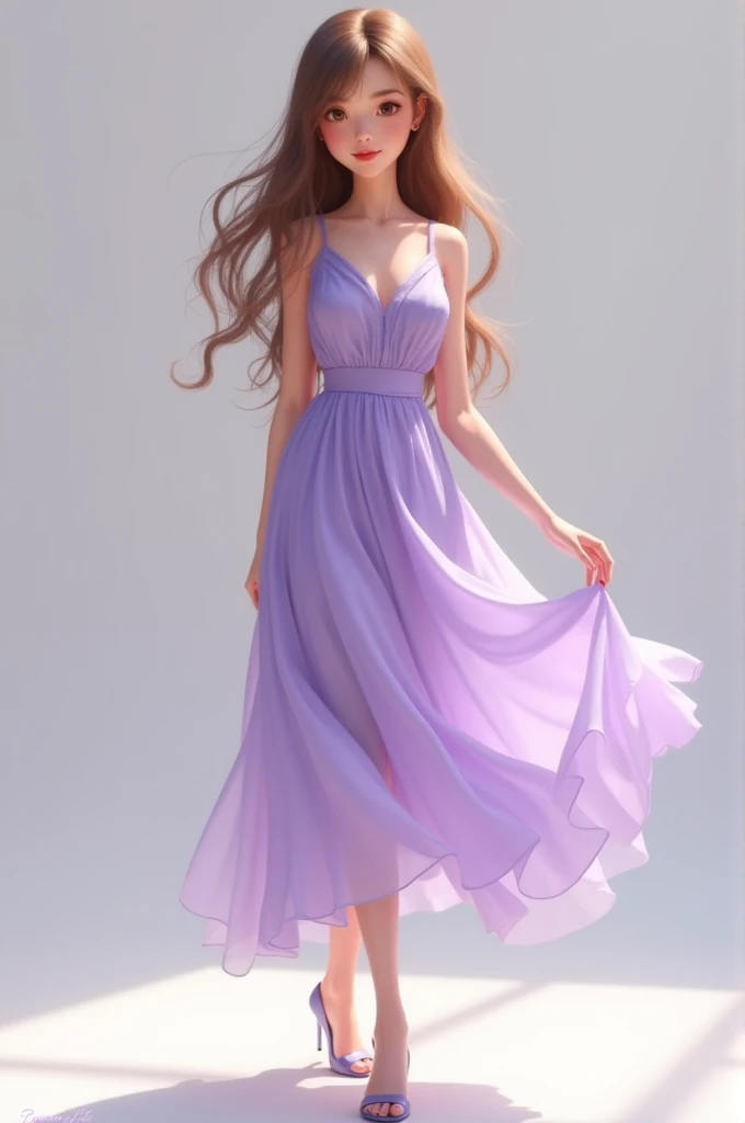Light skinned girl, Wearing a lilac dress, toenails, eyes browns, chestnut hair, lilac high heels