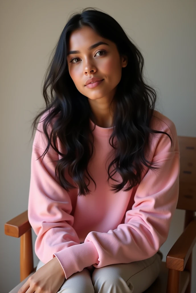 Make a normal white Brazilian woman, long black wavy hair, wearing pink sweatshirt,sitting chair. looking straight ahead