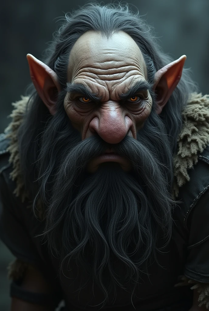 Dark dwarf, big head and big nose with long hair