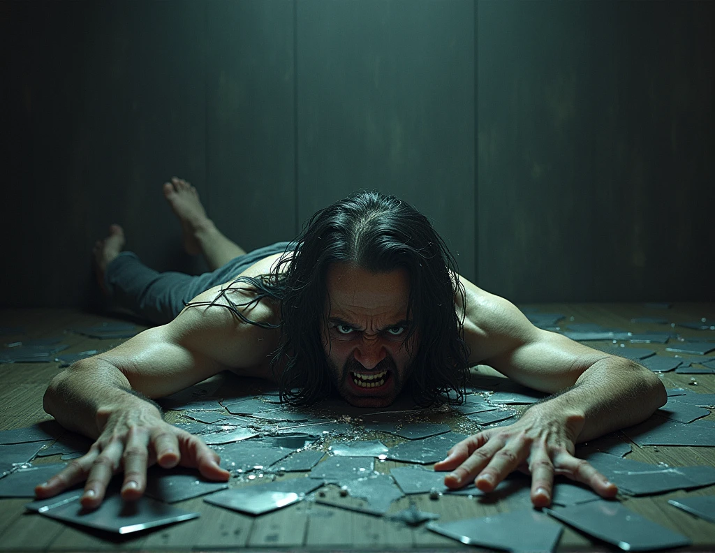 Looks more shatA man lies in agony over a shattered mirrortered