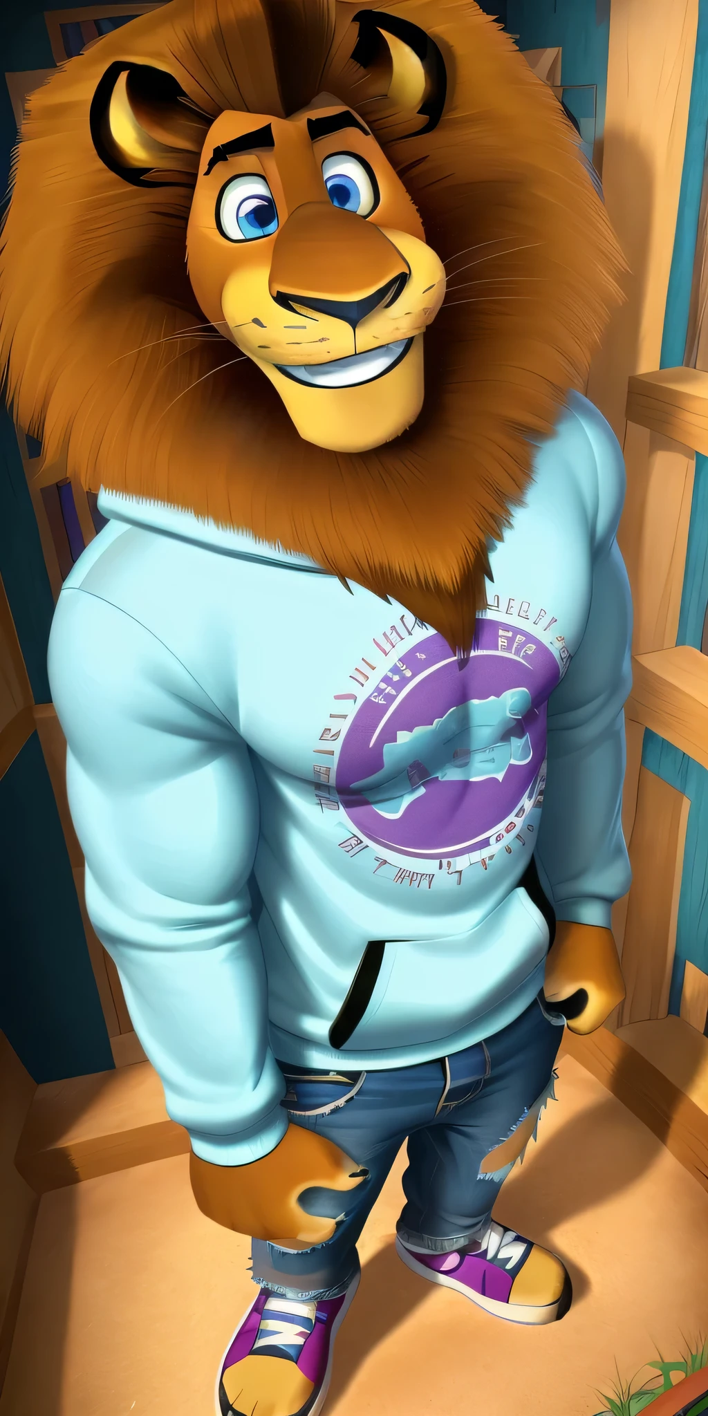Alex the Lion, muscular body, big biceps, extremely beautiful and cute face, perfectly detailed blue eyes with perfectly detailed pupils, wears cyan sweatshirt with print, denim cargo shorts, purple sneakers, rises on funicular, selfie, gentle look, cute smile
