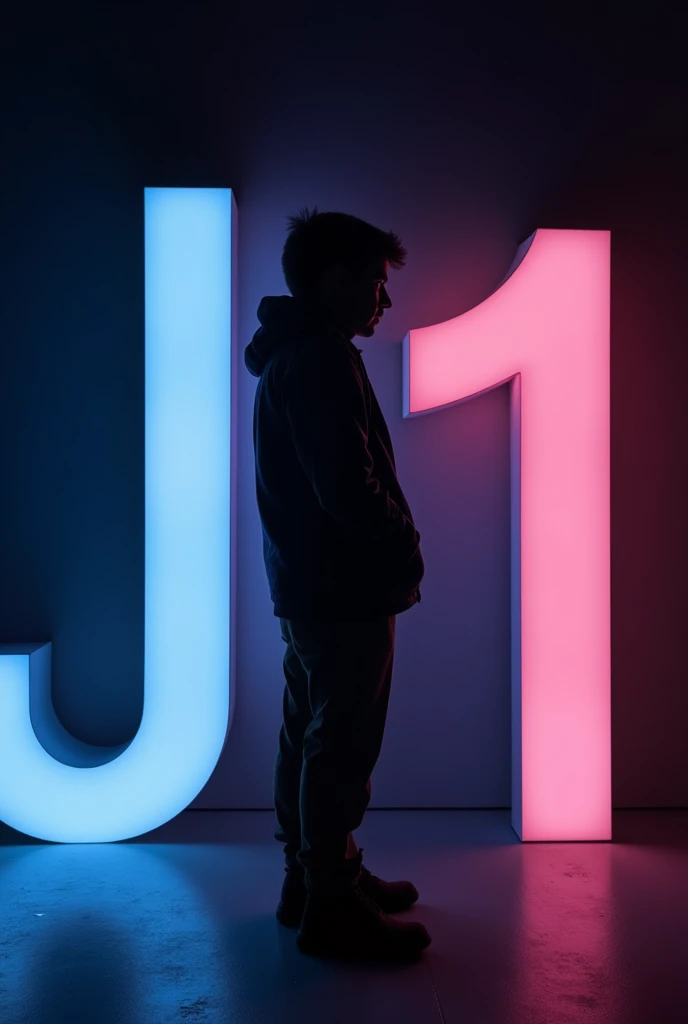 Profile picture of a silhouette standing in between a J and 1 with the J and the 1 being light up in neon white lights