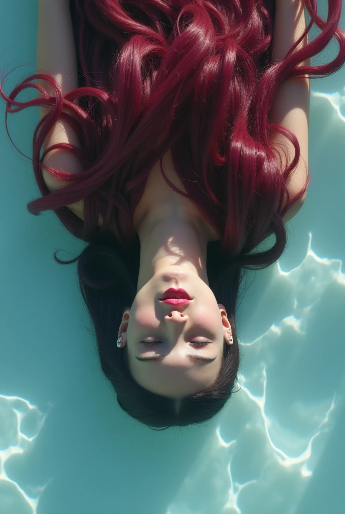 A lady with wine-colored ribbons in her hair, all turned upside down in crystal, sleeping