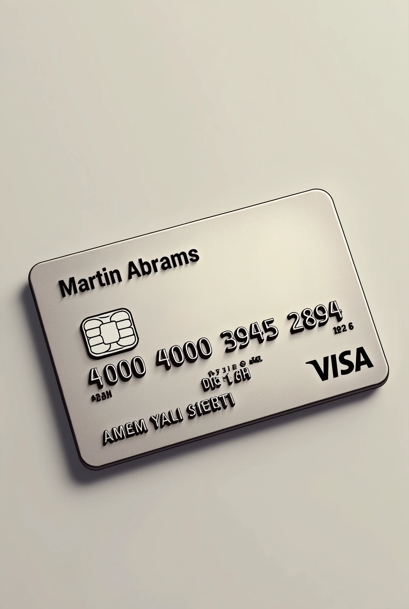 Create me a picture of a credit card, as card holder put Martin Abrams, as credit card number put 4100 4000 3945 2894 and as expiration date 01 26