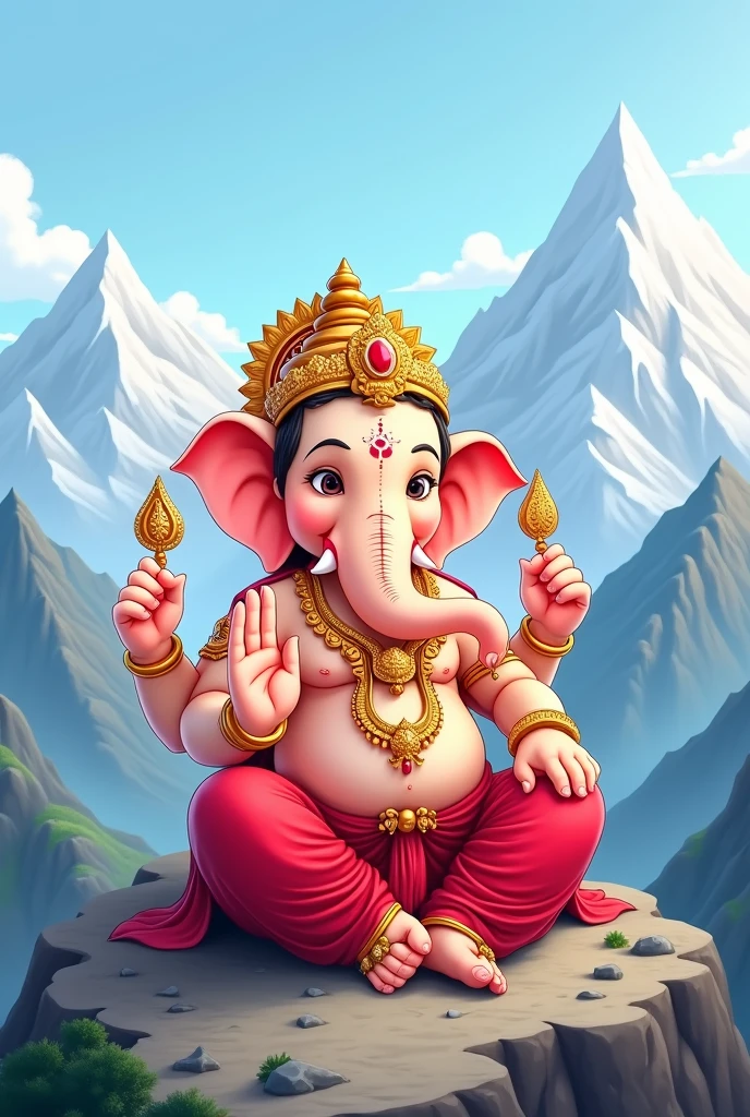 Cartoon Lord ganpati wearing dhoti of red colour. His skin colour is fair and wearing jwellery in neck and hand leg. Sitting in Himalayas
