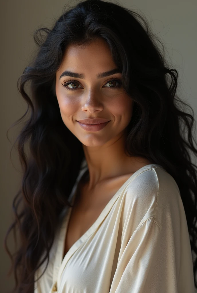 mignonne belle brune arabe, porte une chemise ,corps entier, angle parfait, Very detailed, 32 ans, Angelic face, Long curly black hair, yeux noirs, high resolucion, шедевр, Best quality,intricate high detail, highly detailed,mise au point nette, detailed skin,realistic skin texture,texture, detailled eyes, professionnel, 4K, sourire, filmed on Canon, 85 mm,faible profondeur de champ,Couleur Kodak Vision, eyeshadow, Extremely detailed, photo_\(ultra\), photoreallistic, Realstic, Post-traitement, max detail, roughness, real life, ultra realist, photorealism, photographie, 8K UHD, photographie, Braless, Pokies