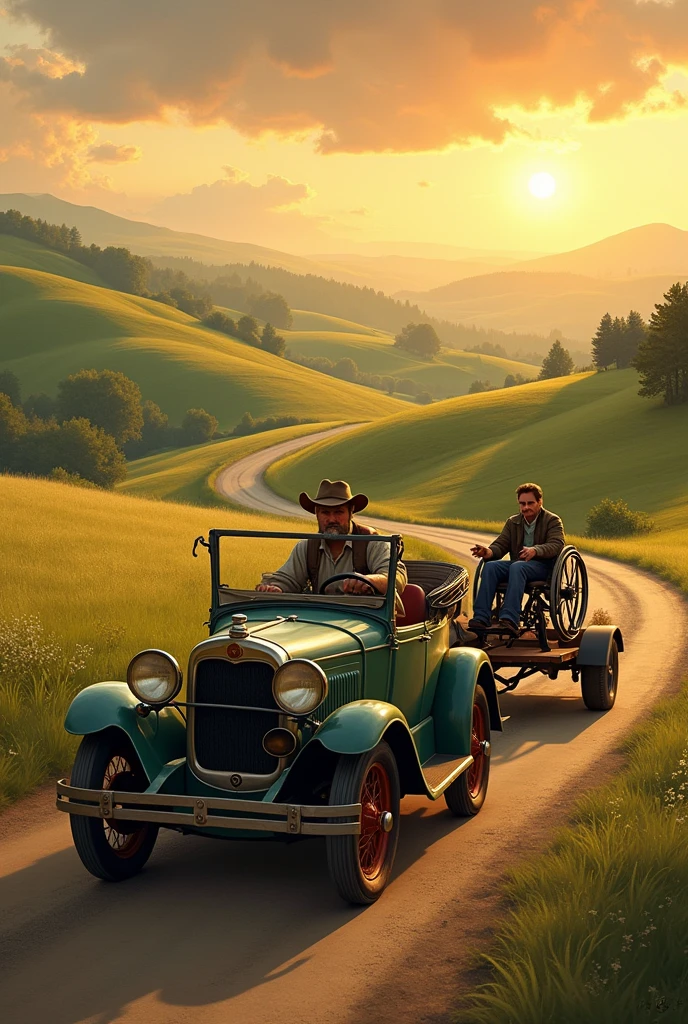 Country man driving his old car and in the trailer was a wheelchair with a person being pulled by the car going to the countryside.