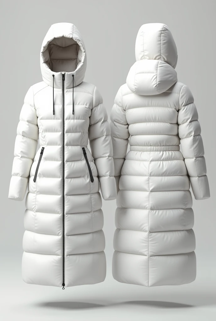 The women's Long Down Jacket white Mockup - Front View and back view, with hood