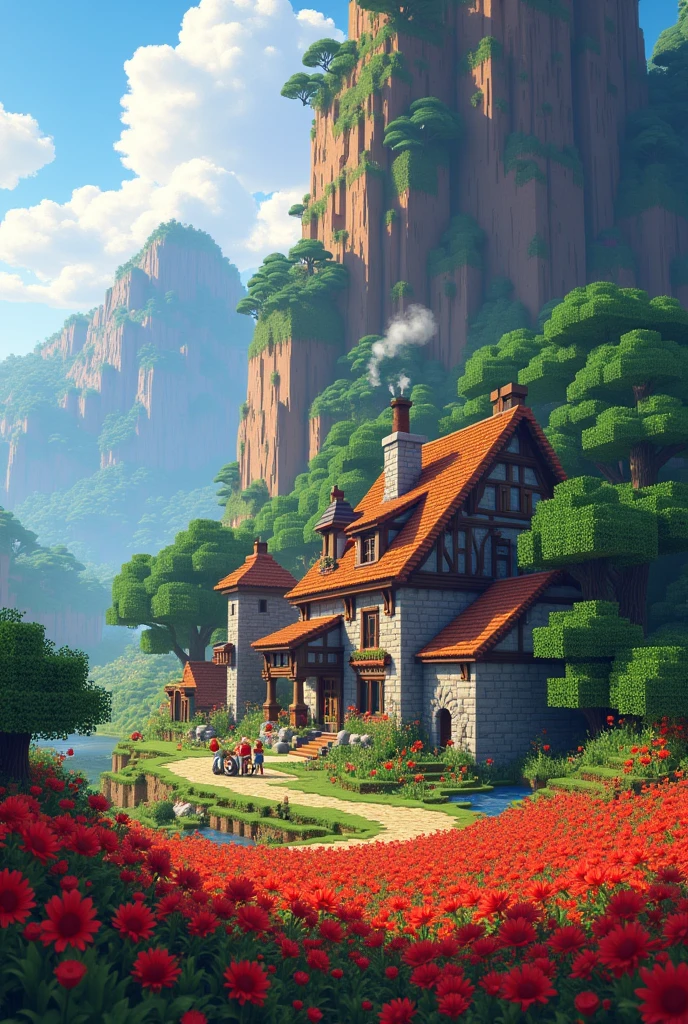 Minecraft village next to a cliff in a valley of red flowers
