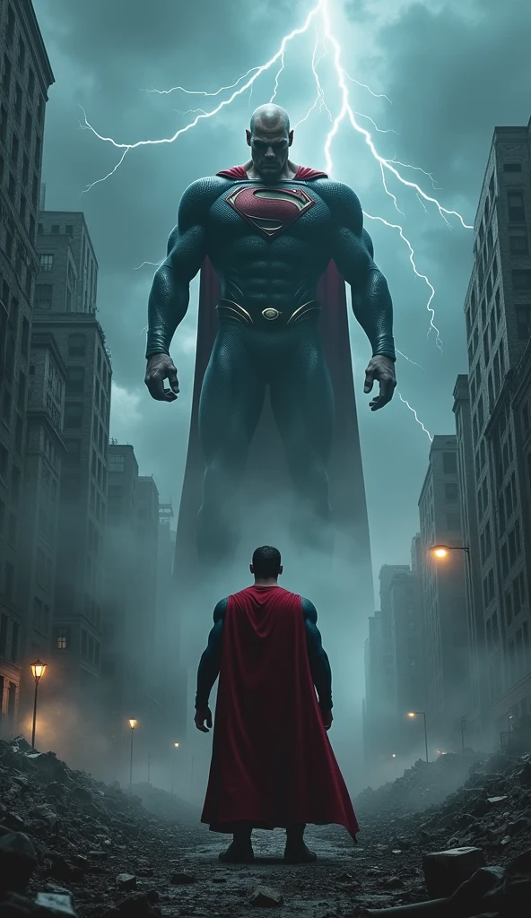 Superman and General Zod meet in a devastated city. The sky is laden with dark clouds and lightning, reflecting the state of tension. Superman is in the center, with a determined attitude, while Zod is floating before him, With a defiant expression.