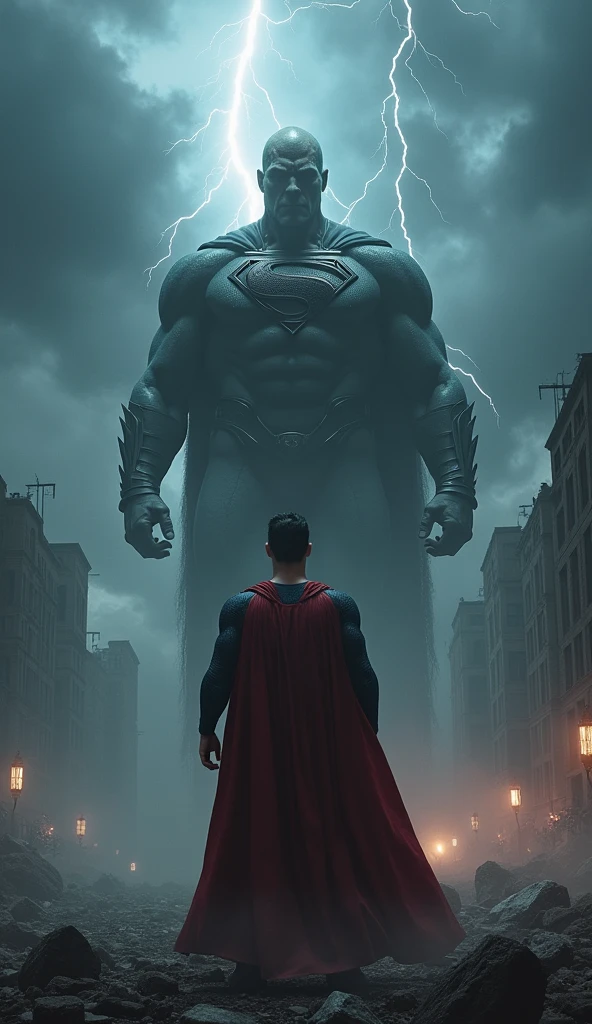 Superman and General Zod meet in a devastated city. The sky is laden with dark clouds and lightning, reflecting the state of tension. Superman is in the center, with a determined attitude, while Zod is floating before him, With a defiant expression.