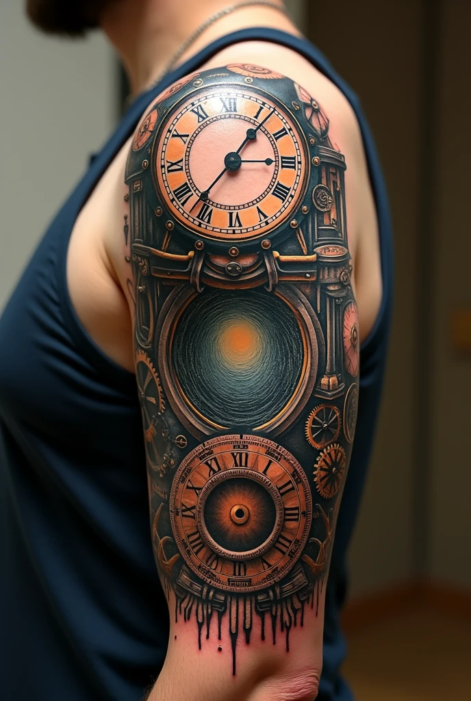 tattoo expressing on a clock Einstein's law of relativity along with the history of the industrial revolution with the representation of a gravitational portal
