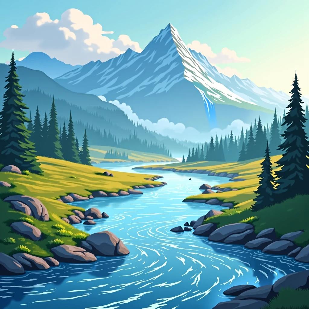 The river flowing from the outside of the left frame to the outside of the right frame. The morning sun is shining. The waterfall is on the blue mountain. Vector photo.