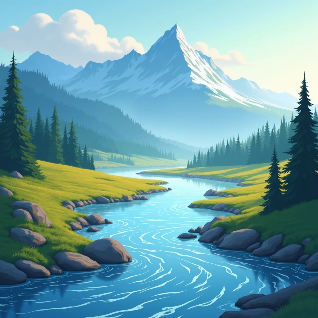 The river flowing from the outside of the left frame to the outside of the right frame. The morning sun is shining. The waterfall is on the blue mountain. Vector photo.