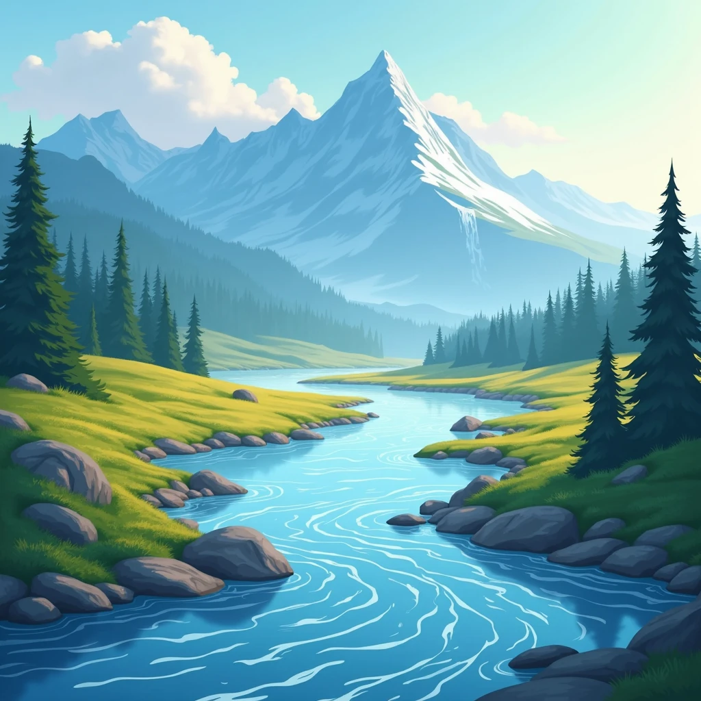 The river flowing from the outside of the left frame to the outside of the right frame. The morning sun is shining. The waterfall is on the blue mountain. Vector photo.