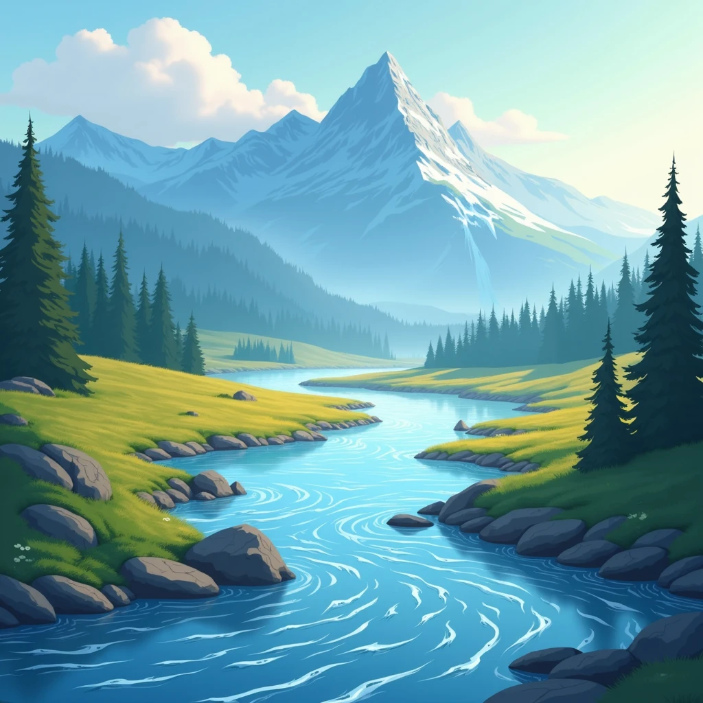 The river flowing from the outside of the left frame to the outside of the right frame. The morning sun is shining. The waterfall is on the blue mountain. Vector photo.