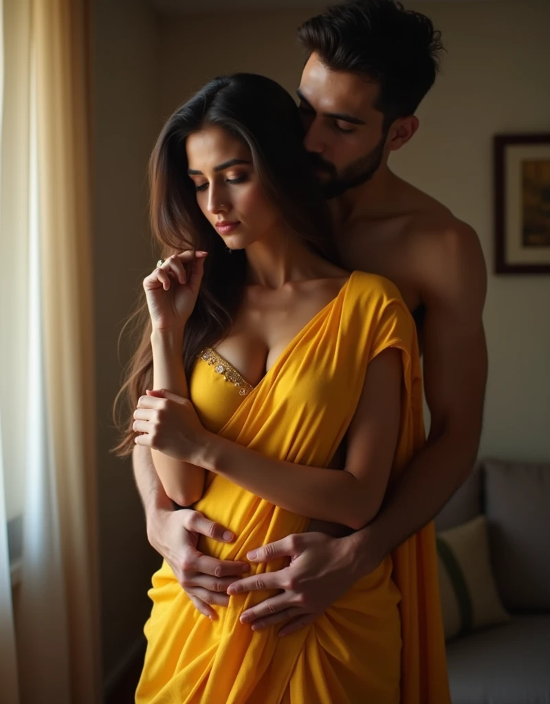 ultra realistic, 4k, UHD, cinematic photo, indian wife and young man having an erotic romantic sex, in the morning, at home, man behind woman, woman wearing plain yellow sari, sari falls off shoulder, nude boobs and nipple seen, man hugging from behind, man's finger on her nipple, nsfw, detailed home