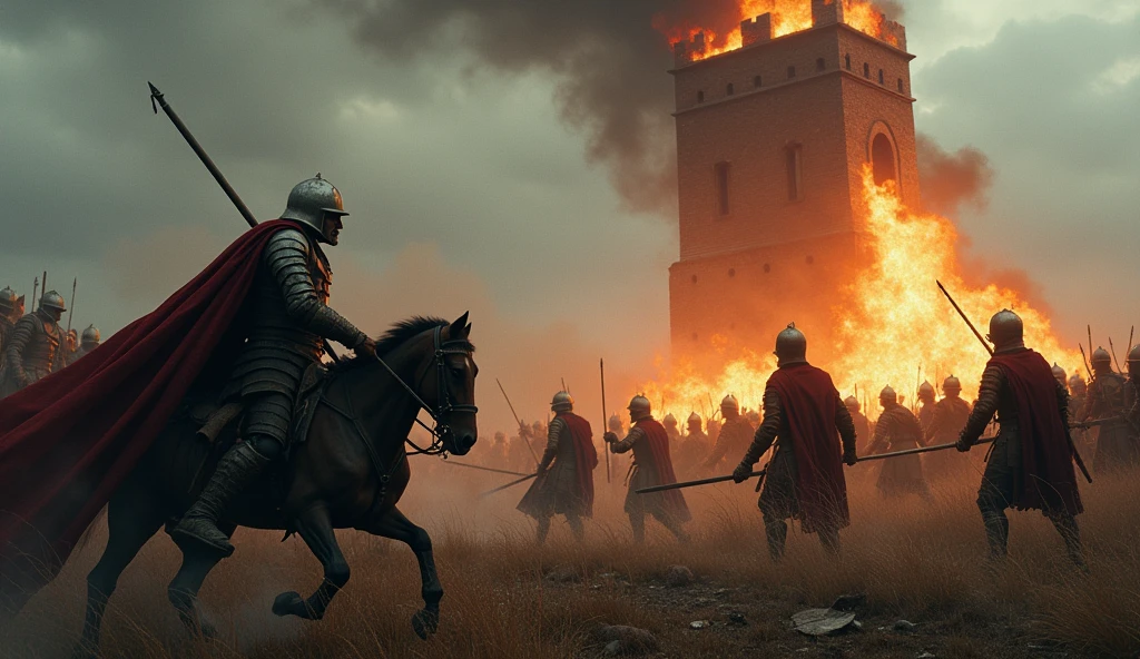 A dramatic scene depicting a small medieval skirmish in a rugged field, with soldiers clashing amid the chaos. In the background, a tall tower burns fiercely, its flames casting an eerie, flickering light across the scene. The sky is overcast and dark, adding to the sense of despair and destruction. The soldiers, clad in weathered armor, fight desperately, their faces showing intense focus and determination. Smoke and debris swirl around them, enhancing the chaotic atmosphere. The image, rendered in the evocative, detailed style of Edmund Blair Leighton, captures the grim reality of war and the devastation it leaves behind, with a dark, cinematic quality that heightens the scene's impact., Surrealism, Hyperrealism, UHD, retina, masterpiece, accurate, anatomically correct, textured skin, super detail, best quality, 16k