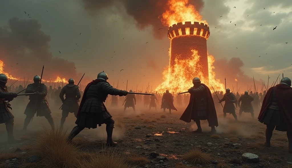 A dramatic scene depicting a small medieval skirmish in a rugged field, with soldiers clashing amid the chaos. In the background, a tall tower burns fiercely, its flames casting an eerie, flickering light across the scene. The sky is overcast and dark, adding to the sense of despair and destruction. The soldiers, clad in weathered armor, fight desperately, their faces showing intense focus and determination. Smoke and debris swirl around them, enhancing the chaotic atmosphere. The image, rendered in the evocative, detailed style of Edmund Blair Leighton, captures the grim reality of war and the devastation it leaves behind, with a dark, cinematic quality that heightens the scene's impact., Surrealism, Hyperrealism, UHD, retina, masterpiece, accurate, anatomically correct, textured skin, super detail, best quality, 16k