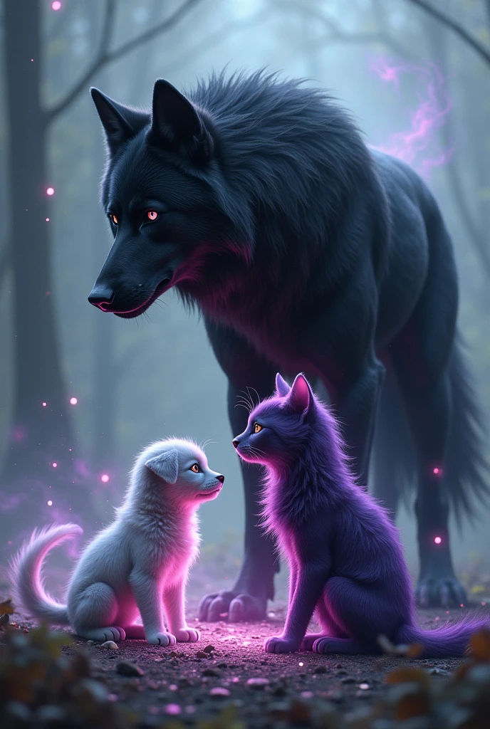 Imagine a black wolf and a shadow spirit pink and grey puppy with short hair and a shadow spirit purple and black cat with long hair