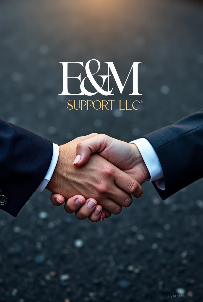 logotype, E & M Support LLC, the firm is doing management and enterprising support, handshake , asphalt on the background 

