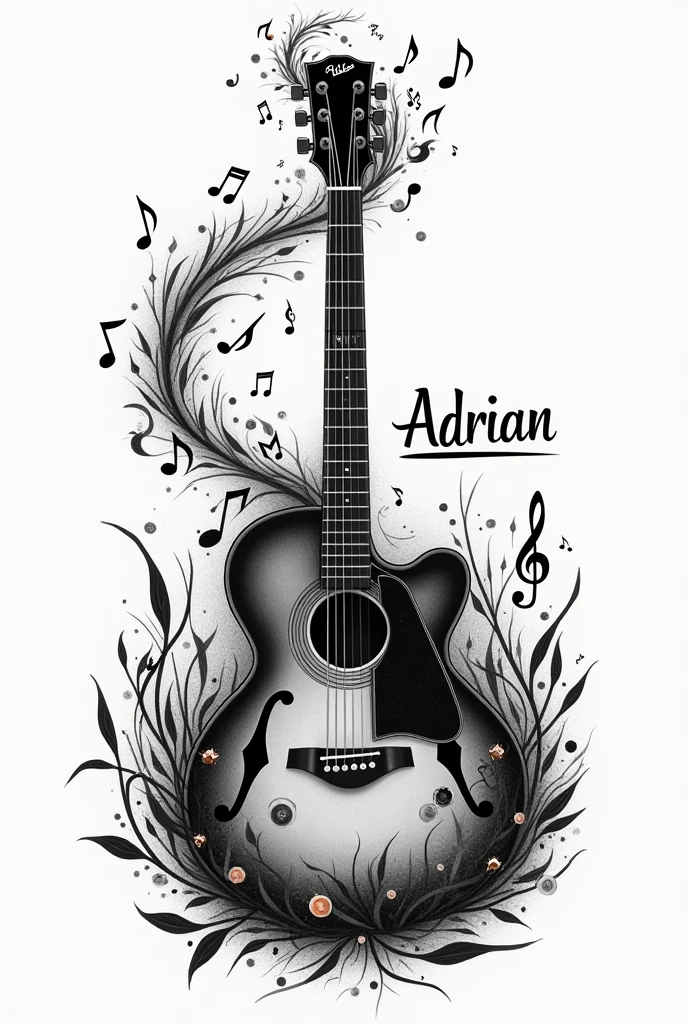 Black and white drawing of a guitar with many musical notes around it and the name Adrian