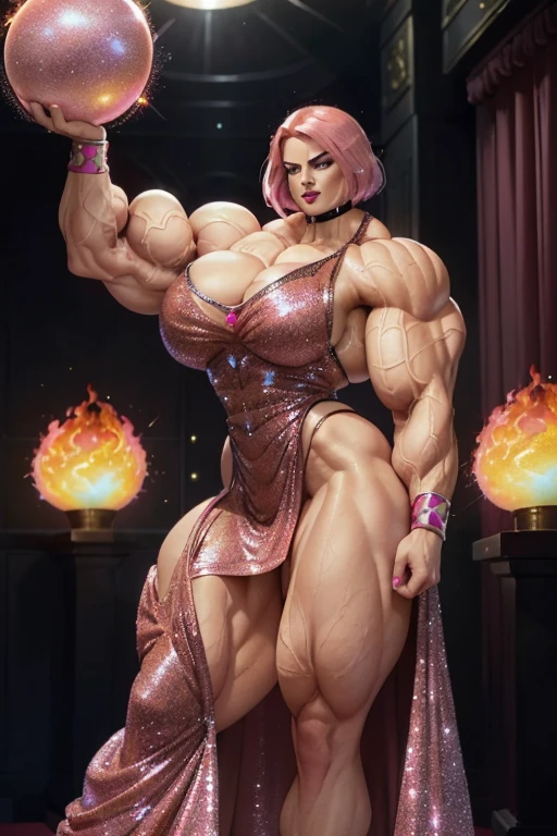 (((Close view))), tall, shocking pink hair, beautiful muscular woman, angled bob cut, light brown skinned, closed smile, (black lipstick), (massive muscles), (hyper muscle), ((ginormous bulky muscles)), red eyes, (((pink sparkly ball gown embroidered with fire designs))), gauntlets, choker, high heels, (in a ballroom)