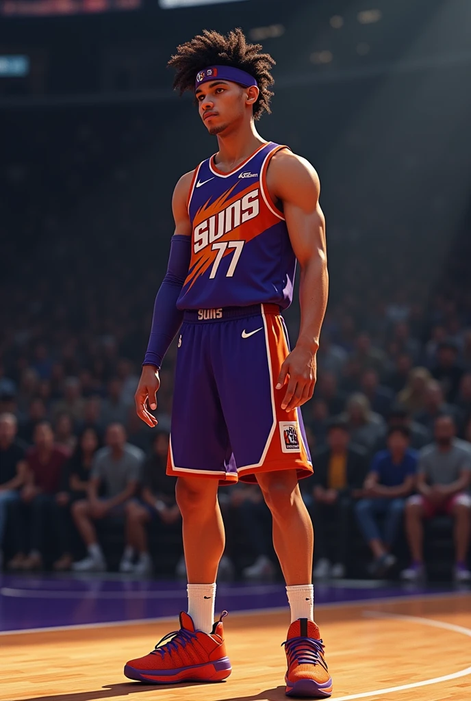 basketball player, time é o Phoenix Suns, USA Sleeve, Cao Cao, wears a headband, fade hair, pitcher, Number 77, curly short hair, suntanned, stark, yong