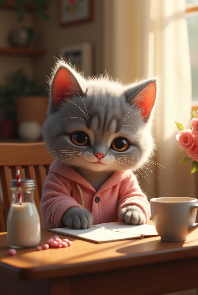 A cute little anthropomorphic kitten in pajamas sitting at a small table is writing a letter to his beloved kitty. Dynamic pose, cozy atmosphere, dreamy look, smile, fluffy gray wool, a bottle of milk and a small mug next to it on a small table, highly detailed cinematographic shot, dynamic light, digital illustration, concept art, mail art, contour clarity, sharp focus, cinematic photo, complex details, high detail, ultra-realism