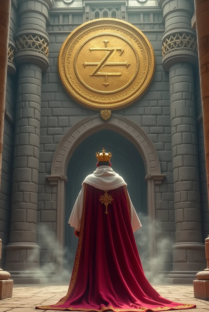 The big king enters a castle which has the symbol of a coin