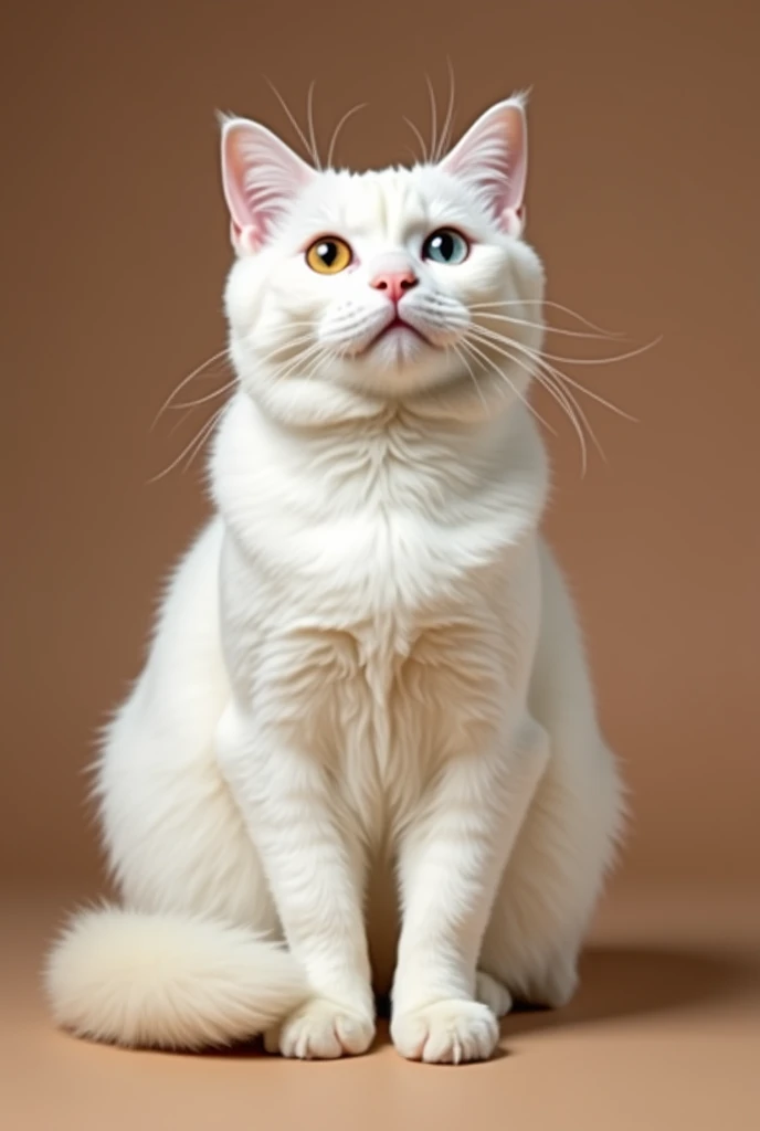 a beautiful white cat, sitting facing forward, isolated on a brown background