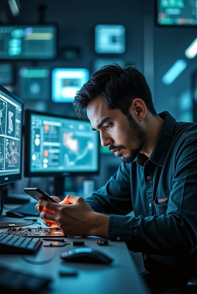 A light-skinned man sitting working at a super modern cell phone repair shop with multiple monitors and realistic