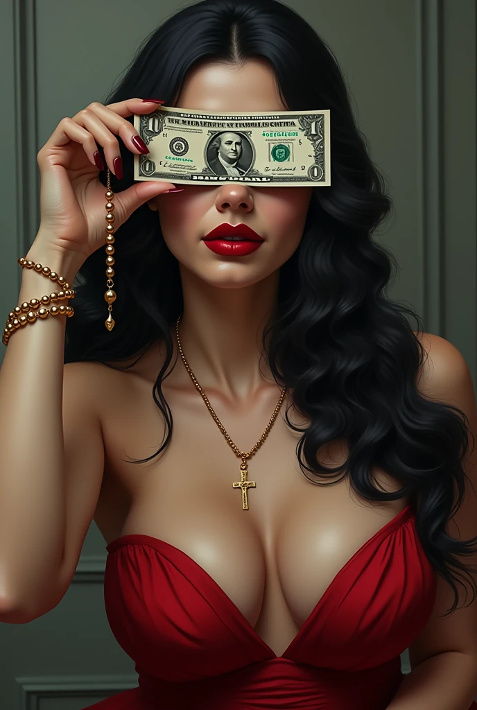 Very beautiful woman with red lips and black hair and big boobs, with a golden rosary, covering his eyes with a 100 dollar bill