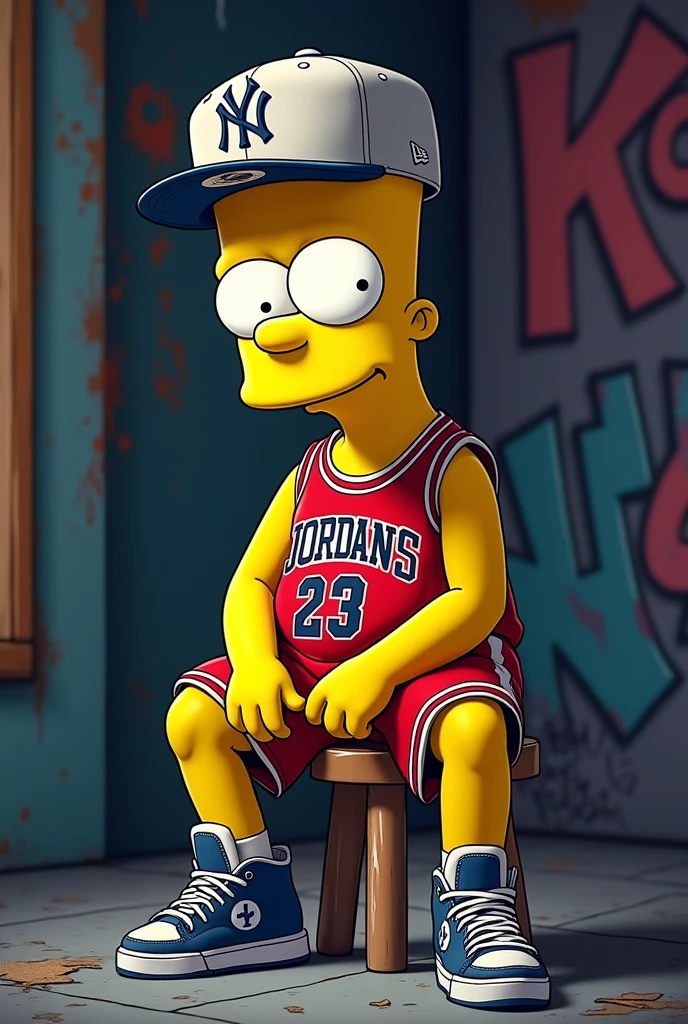 Bart Simpson dressed as a rapper with Jordan clothes and a Yankees New Era flat cap. Sitting on a stool and with a black background with graffiti.