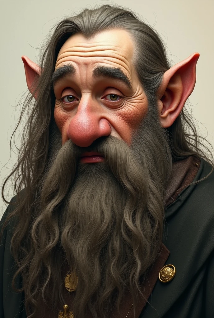 dwarf person, moreno, big head and big nose with long hair