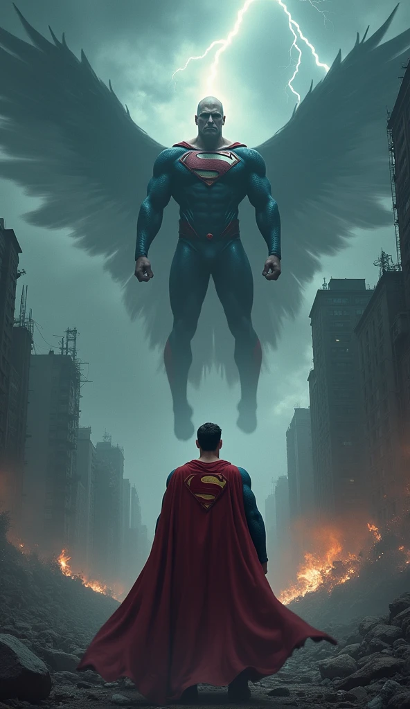 Superman and General Zod meet in a devastated city. The sky is laden with dark clouds and lightning, reflecting the state of tension. Superman is in the center, with a determined attitude, while Zod is floating before him, With a defiant expression.