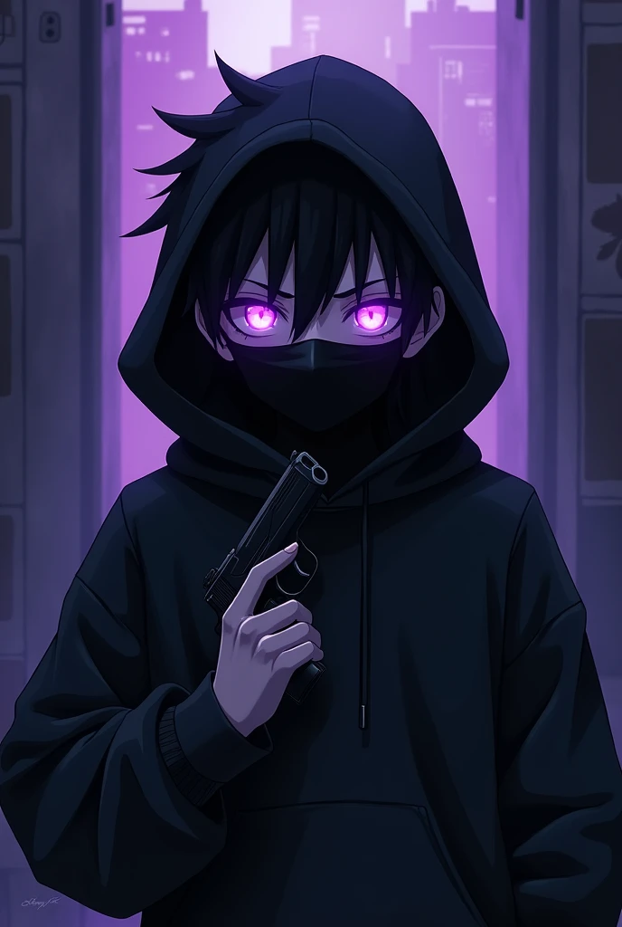 1 boy with purple glowing eyes with an evil face and slightly spiky hair with an evil and intimidating look with a black sweatshirt and a black mask covering his nose and mouth , he has a hood on his head, very intimidating , he has a pistol in his hands, 2D Anime .
