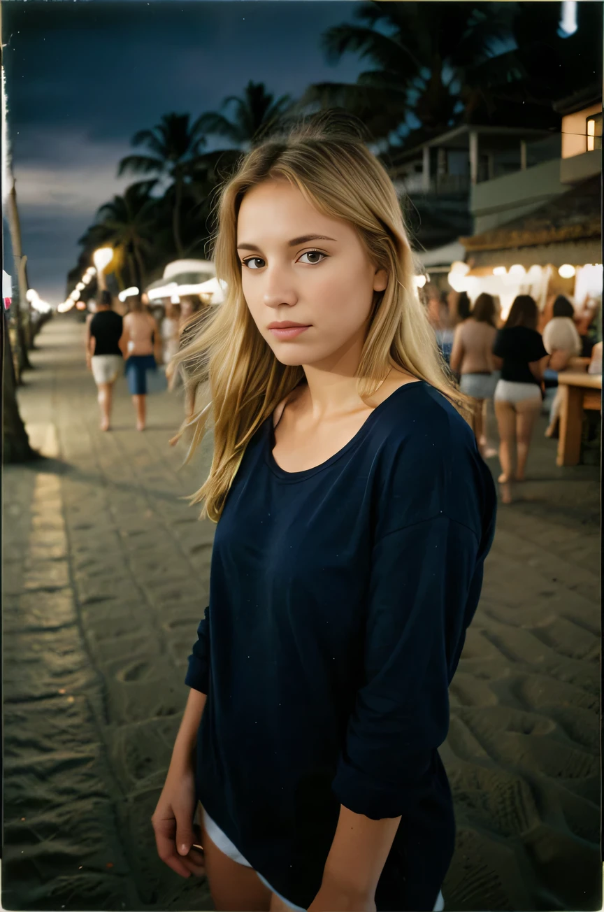 Polaroid photo, Night photo, Photo from 18 years ago.beautiful woman, Motion blur, blond , everyday clothes, beach