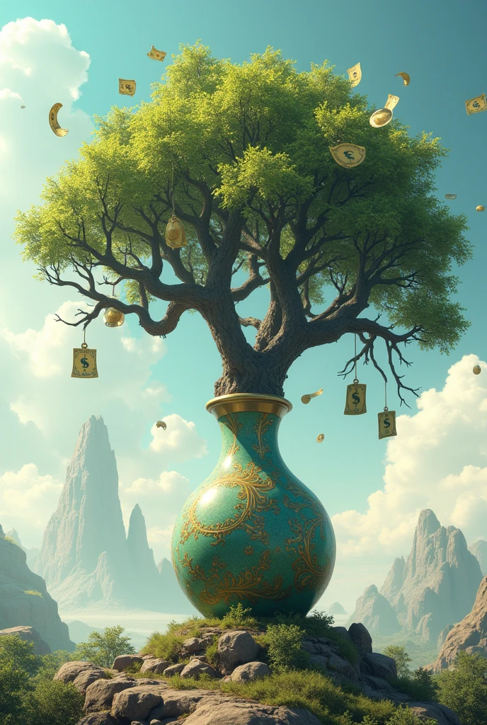 a tree shaped like a perfume bottle with helmet branches and money fruits