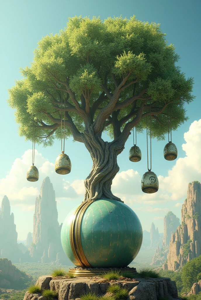 a tree shaped like a perfume bottle with helmet branches and money fruits