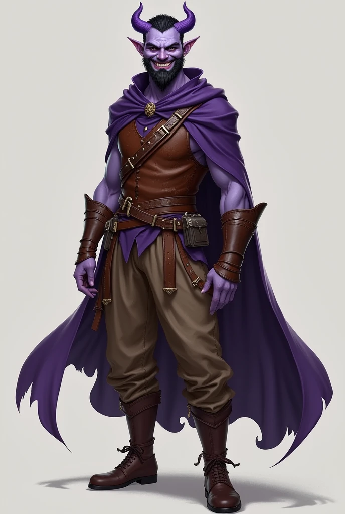 photorealism:6.5), light purple slim male tiefling smiling, small purple horns surrounded by black hair and trimmed beard, wearing brown studded leather armor on chest with a cape, brown pants and boots. Full body image with no background.