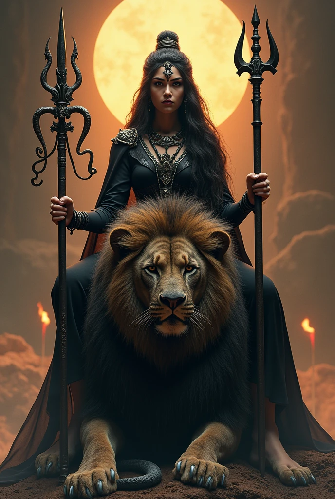 Snake in one hand and sword in the other hand Trishul in the third hand Agni in the fourth hand A woman dressed in black all over the body seated on a Tilak lion at the head