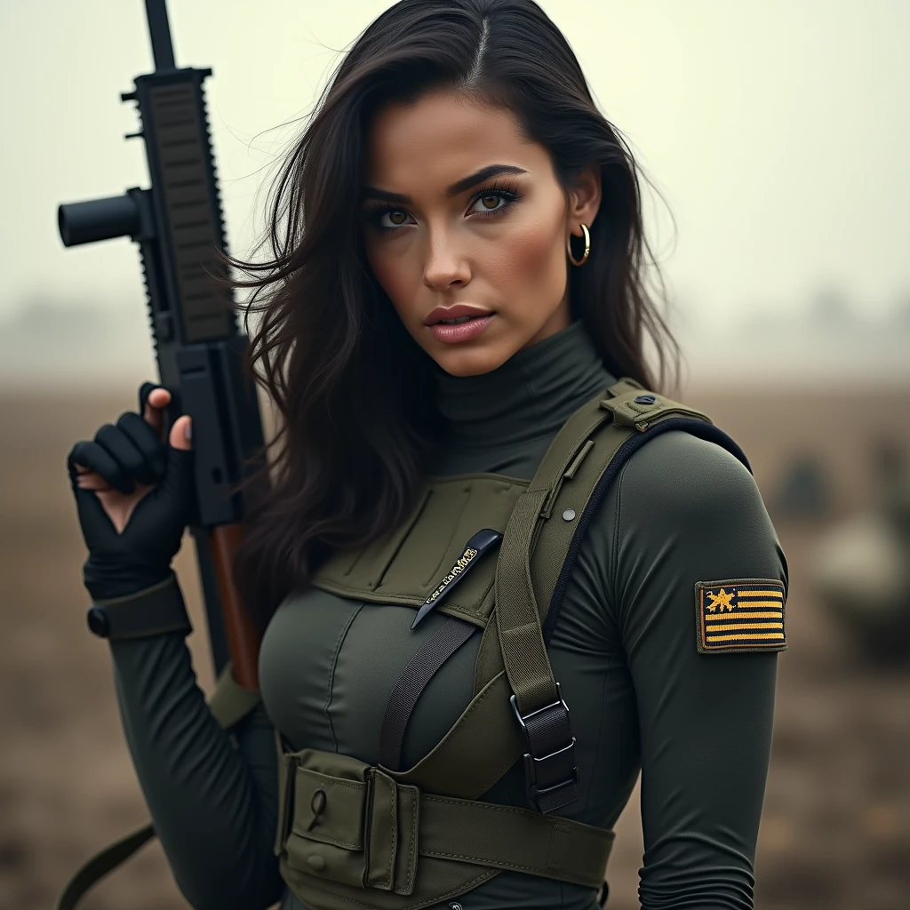 a sexy female soldier, wearing a sexy soldier's uniform, battlefield background, sexy pose, very detailed, very accurate, 4k quality, beautiful lighting, bokeh, beautiful face, awesome lips, black dark hair, very detailed eyes