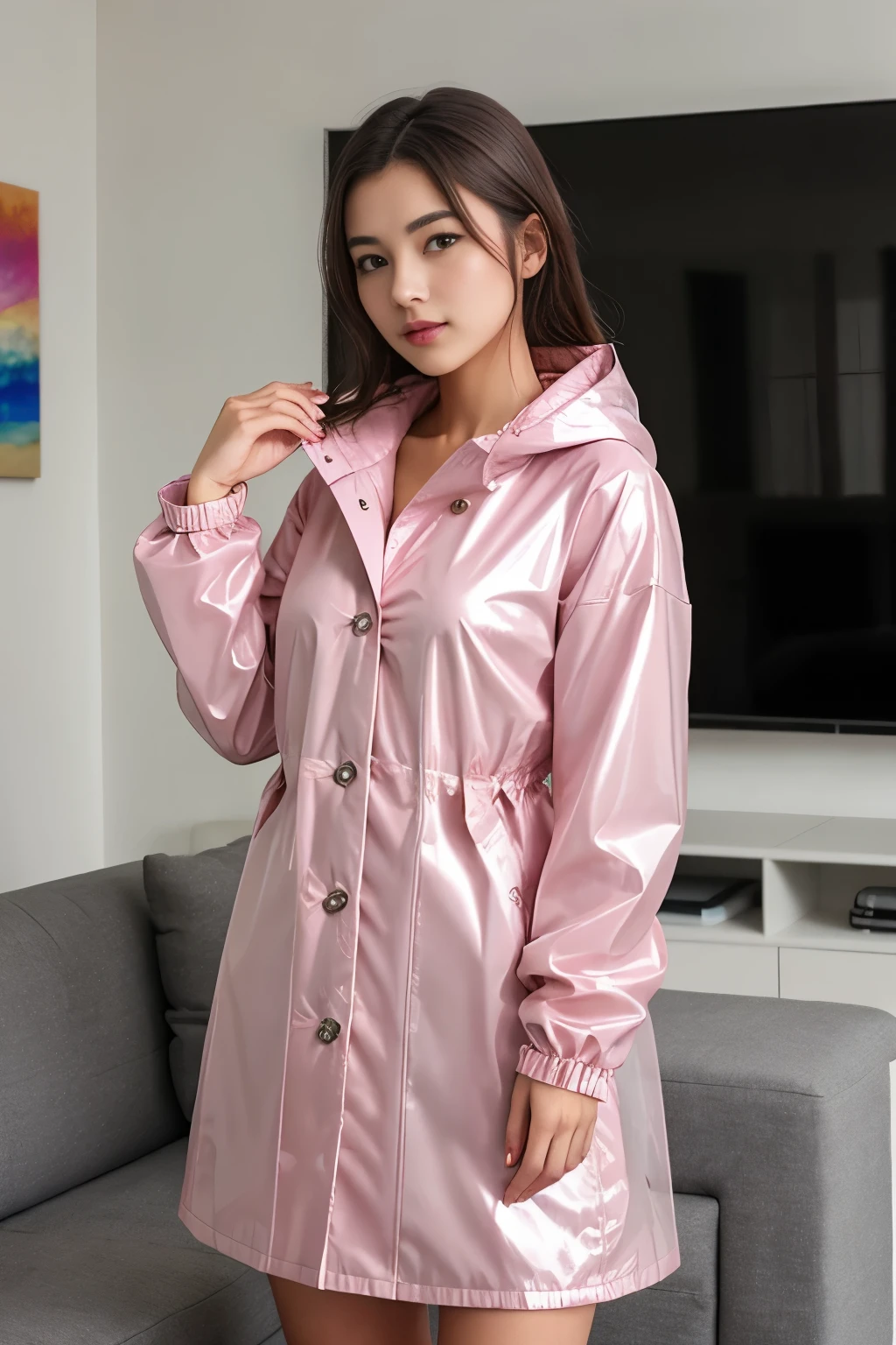 4K photograph, amateur photo posted to ,beautiful female , simple long pink glossy buttoned raincoat ,living room