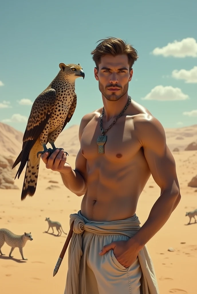 A handsome slim shirtless white skinned man in the desert with a falcon and two leopards