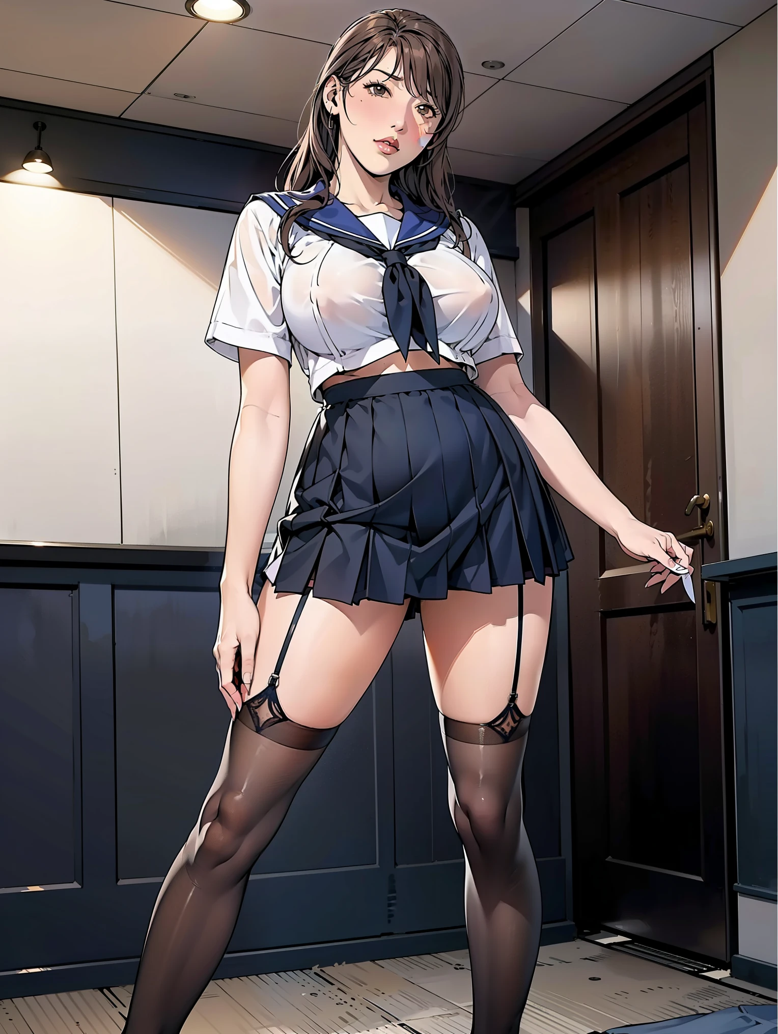 (masterpiece, Highest quality:1.2), One Girl, alone, whole body, Big Breasts,, Brown Hair,Big Breasts, Brown eyes, Mature Woman, blush, , she is standing on the street,whole body, Brown Hair, lipstick, ランダムなカラーのSailor suit、((High quality fabric, Sailor suit, Navy Pleated Skirt)), ((Short length)), zettai ryouiki, Exposing your thighs, White skin, (Black garter stockings), ((Wear black high heels)), pubic hair,Her short skirt barely covers her pussy,, (I like showing my crotch to the audience....., ),pubic hair,